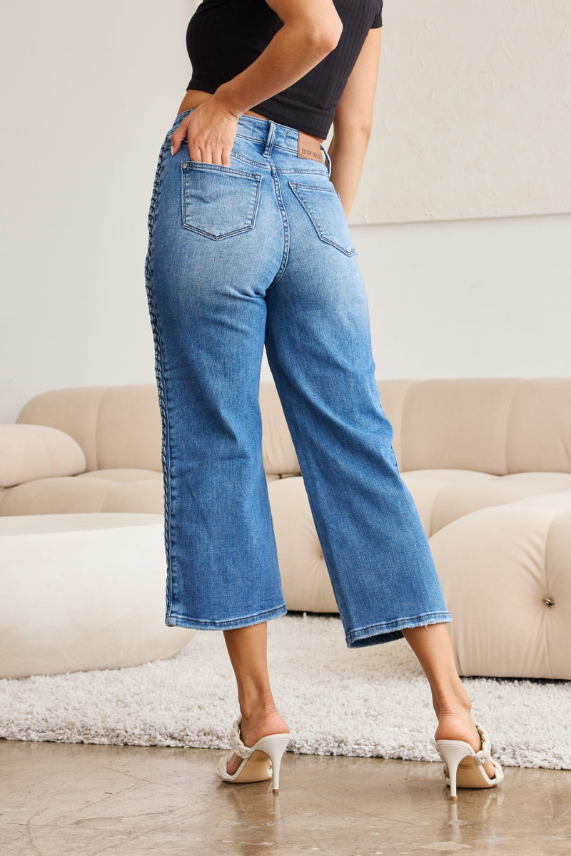 Clover Judy Blue Full Size Braid Side Detail Wide Leg Jeans