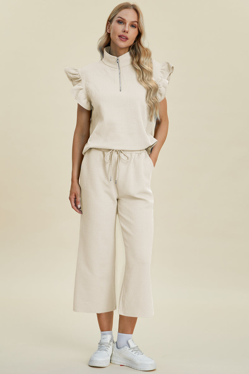 Caroline Full Size Texture Ruffle Short Sleeve Top and Wide Leg Pants Set
