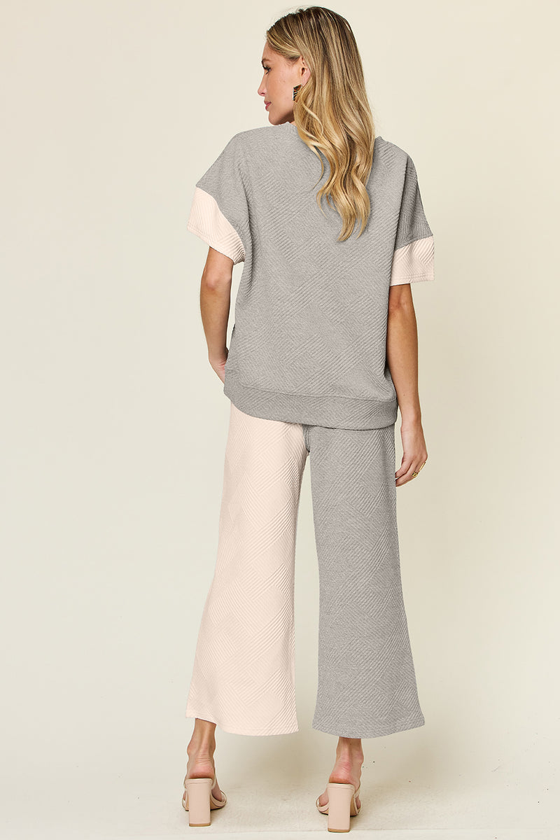 Delaney Full Size Texture Contrast T-Shirt and Wide Leg Pants Set