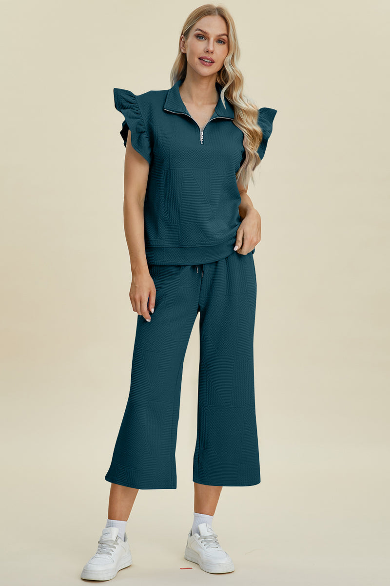 Caroline Full Size Texture Ruffle Short Sleeve Top and Wide Leg Pants Set