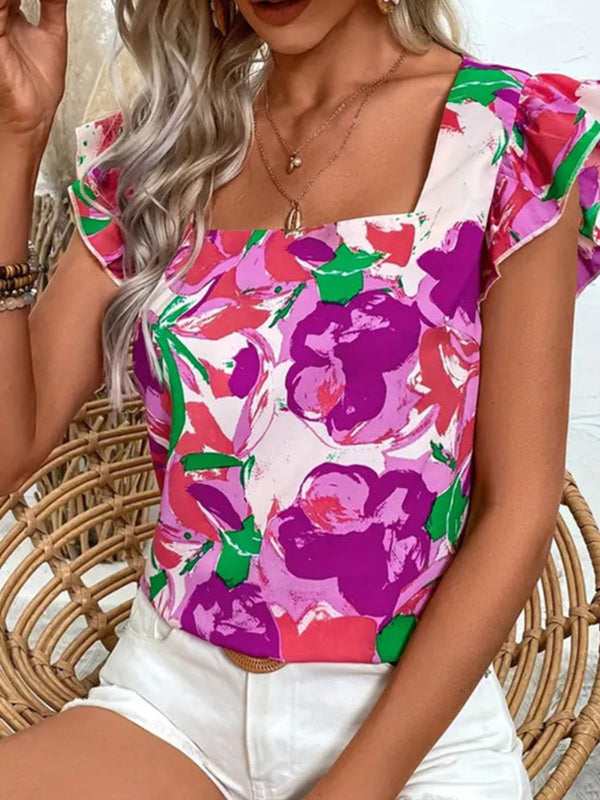 Giselle Ruffled Printed Square Neck Cap Sleeve Blouse