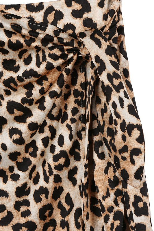 Charlotte Satin leopard tie skirt