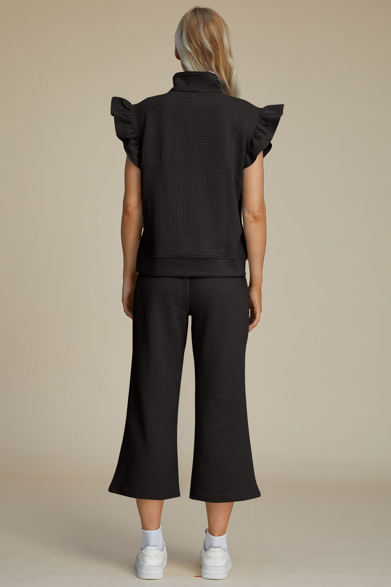 Caroline Full Size Texture Ruffle Short Sleeve Top and Wide Leg Pants Set