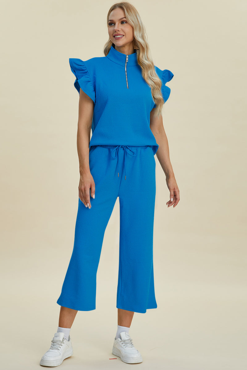 Caroline Full Size Texture Ruffle Short Sleeve Top and Wide Leg Pants Set