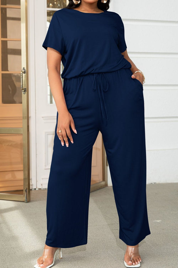Lyrah Plus Size Drawstring Waist Short Sleeve Jumpsuit