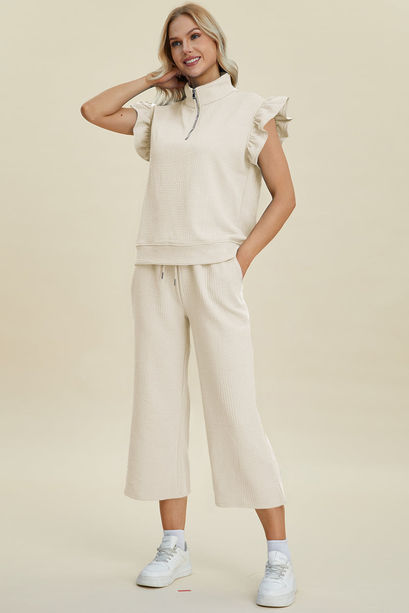 Caroline Full Size Texture Ruffle Short Sleeve Top and Wide Leg Pants Set