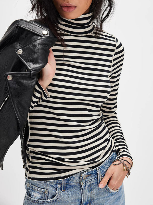 Erika Exposed Seam Striped Turtleneck Long Sleeve T-Shirt
