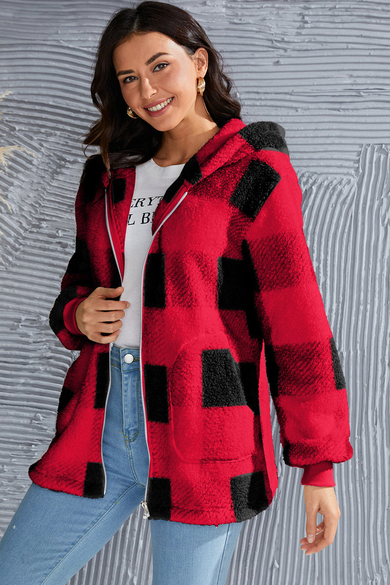Bendlee Full Size Plaid Long Sleeve Hooded Coat - Deal of the Day!