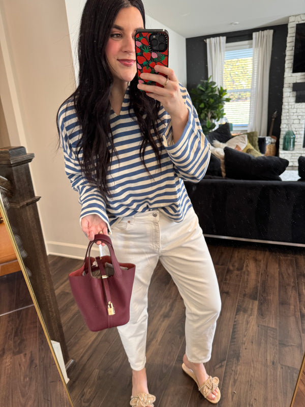 Avery Stripe Chest Pocket Notched Top