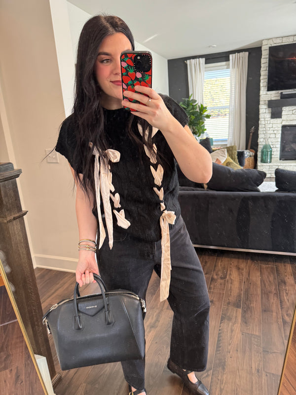 Luna Lace-Up Mock Neck Short Sleeve Sweater