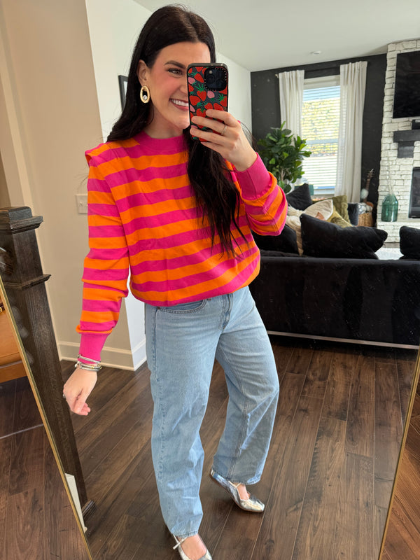 Lacey Striped Round Neck Long Sleeve Knit Top