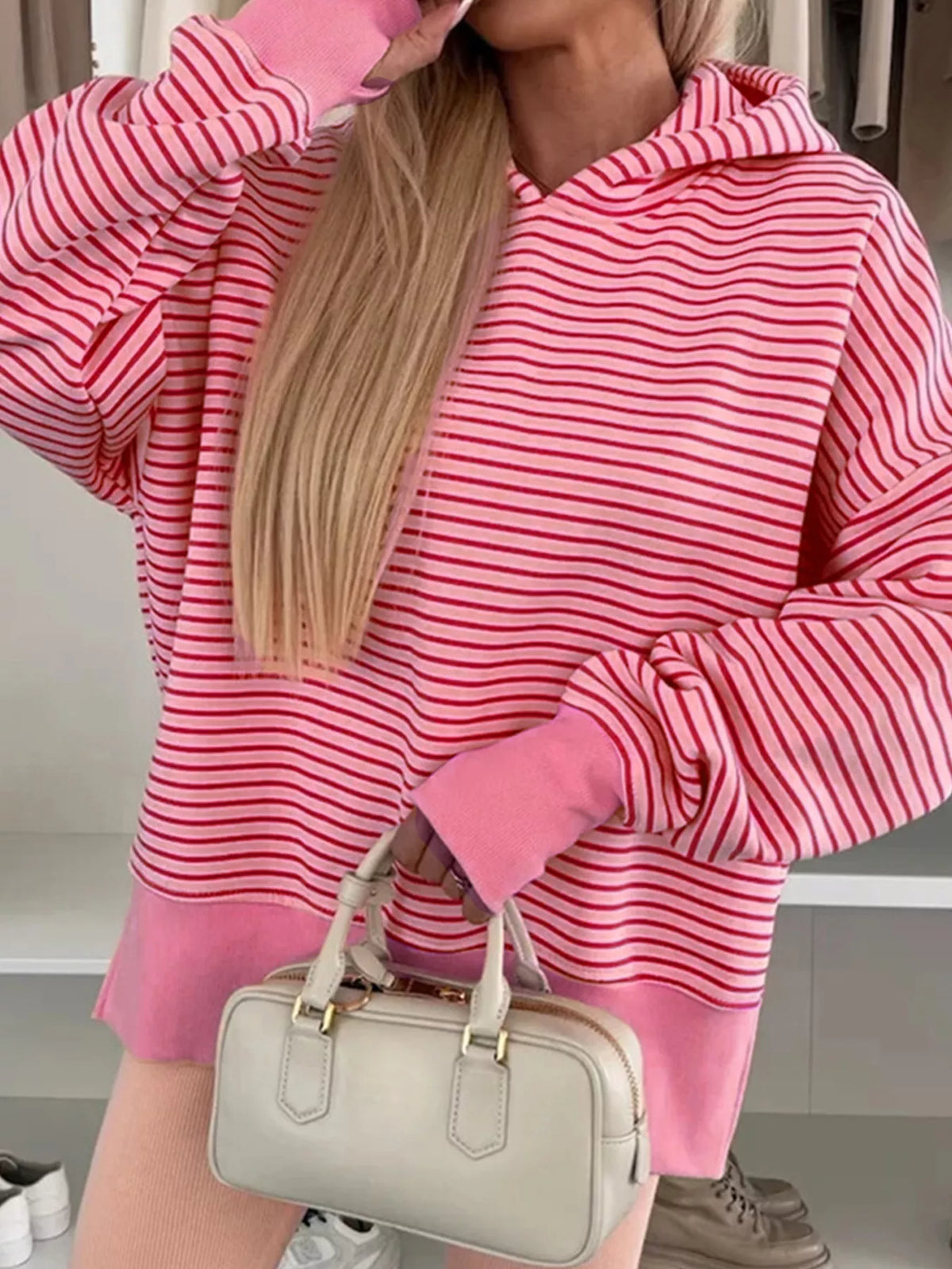 Shelly Striped Oversized Hoodie with Kangaroo Pocket
