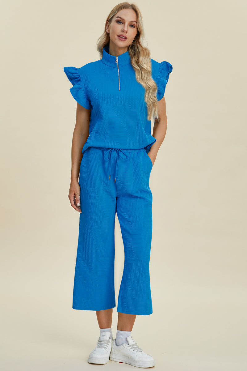 Caroline Full Size Texture Ruffle Short Sleeve Top and Wide Leg Pants Set
