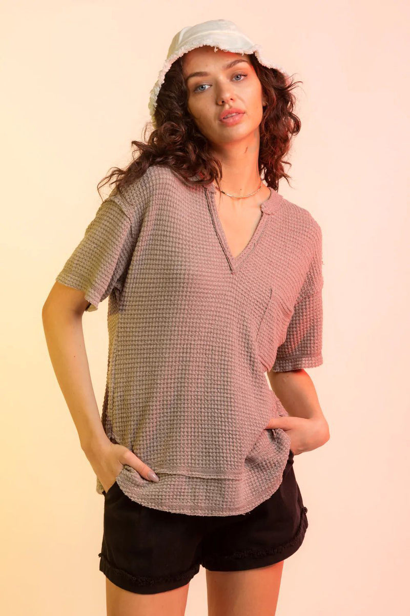 Abbie Waffle-Knit Notched Half Sleeve T-Shirt