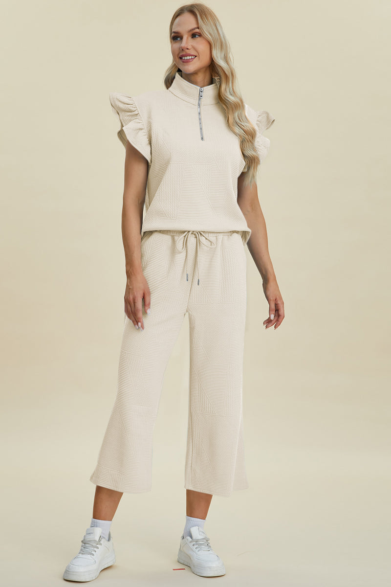 Caroline Full Size Texture Ruffle Short Sleeve Top and Wide Leg Pants Set