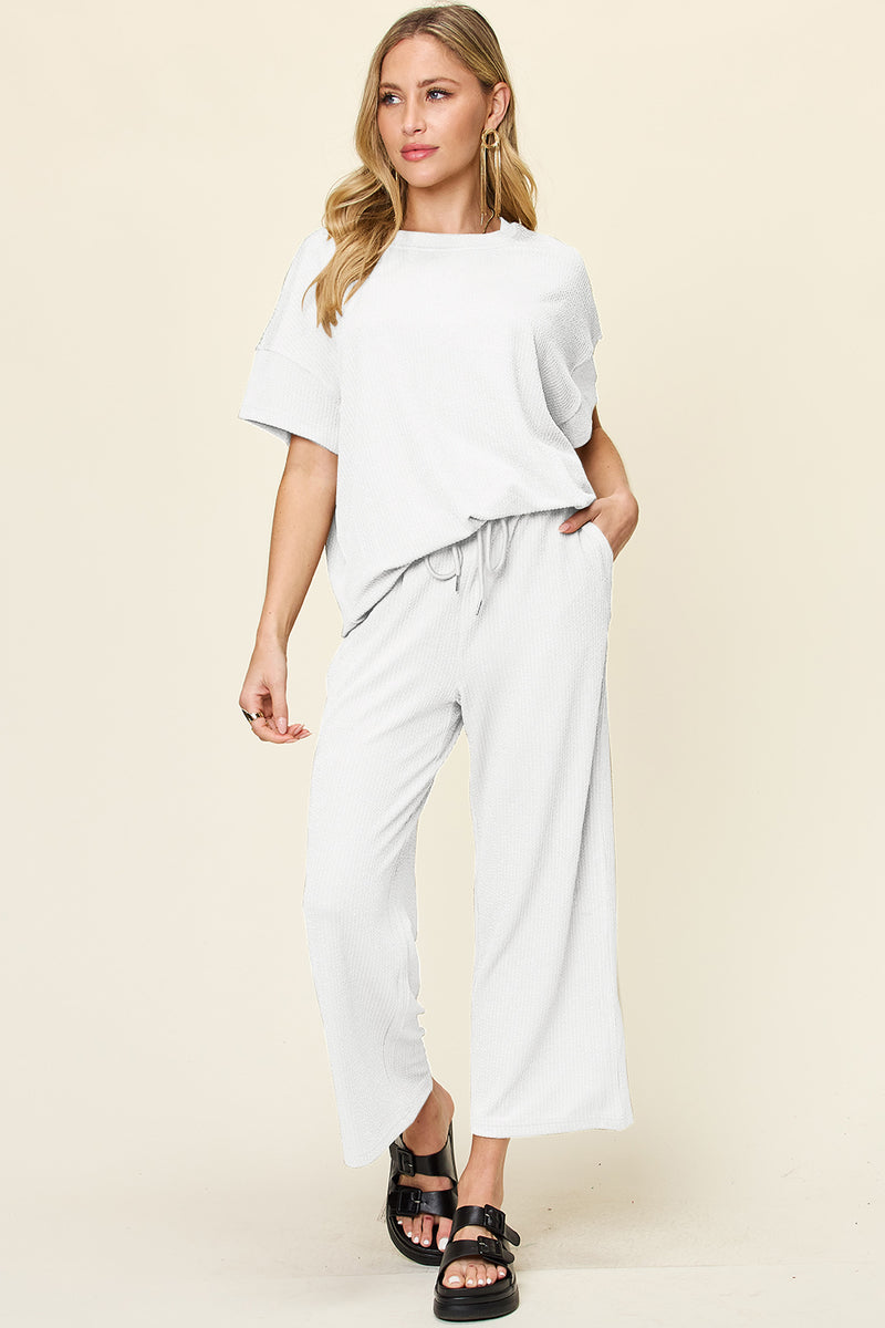 Abel Full Size Texture Round Neck Short Sleeve T-Shirt and Wide Leg Pants