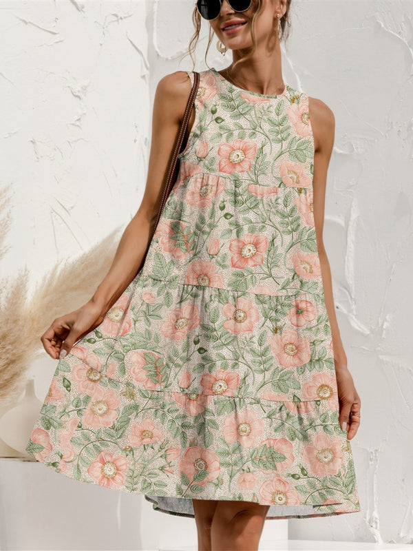 Candy Tiered Printed Round Neck Sleeveless Dress