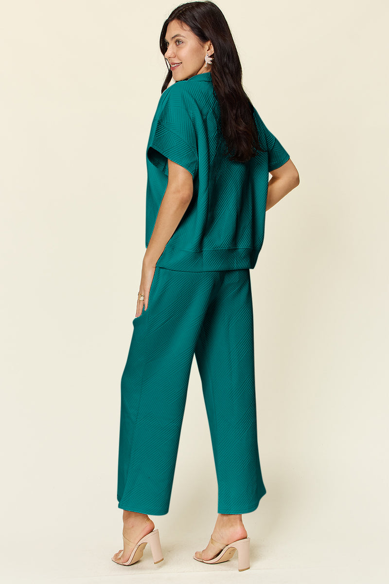 Tanner Double Take Full Size Texture Half Zip Short Sleeve Top and Pants Set