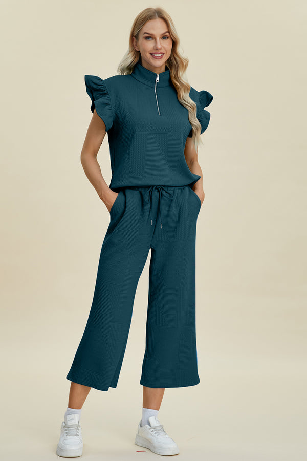 Caroline Full Size Texture Ruffle Short Sleeve Top and Wide Leg Pants Set
