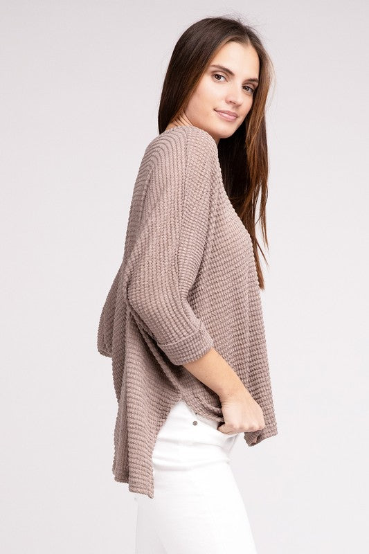 Wynette 3/4 Sleeve V-Neck Hi-Low Hem Jacquard Sweater