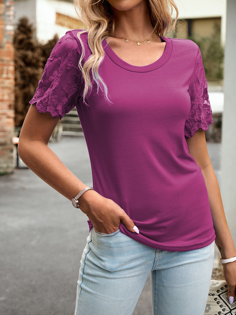 Emely Lace Detail Round Neck Short Sleeve T-Shirt