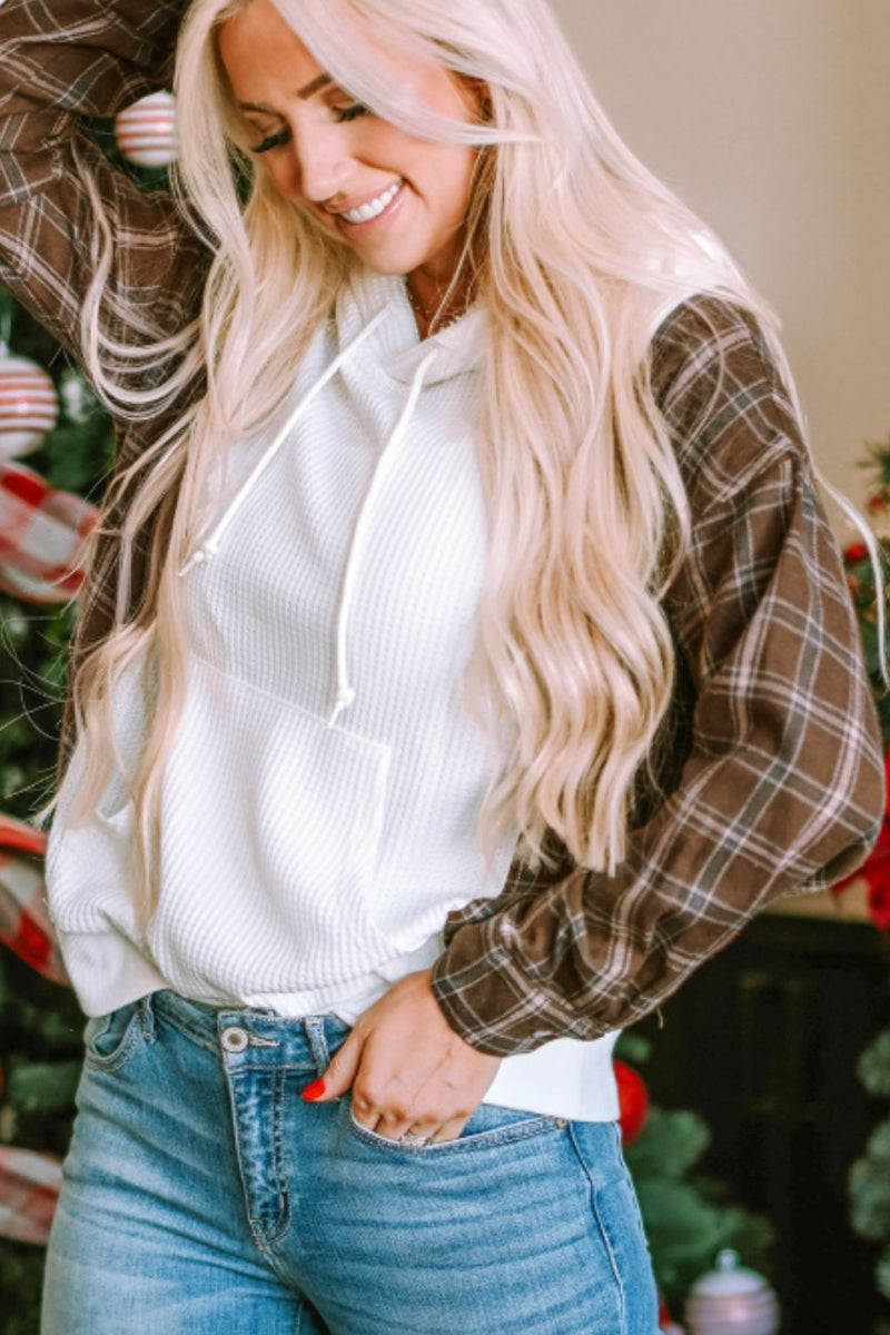 Gavin Waffle Knit Plaid Long Sleeve Kangaroo Pocket Hoodie