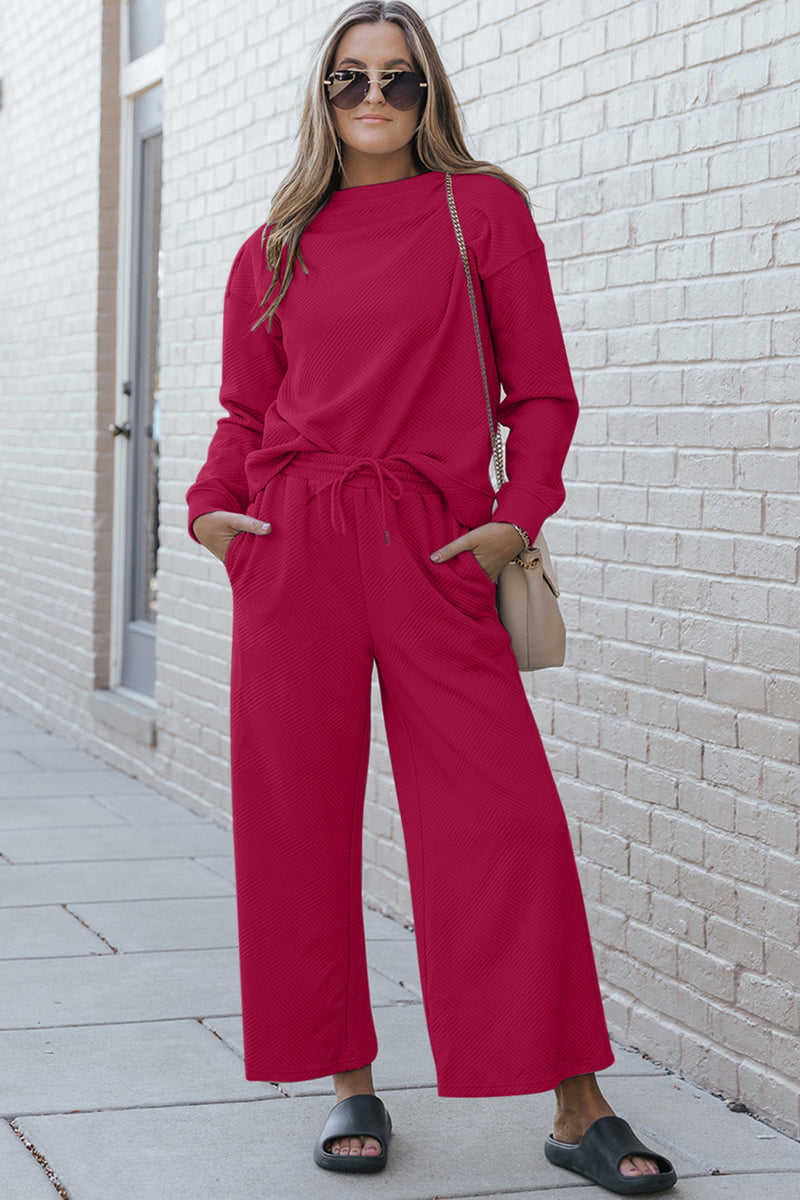Bronwyn Double Take Full Size Textured Long Sleeve Top and Drawstring Pants Set