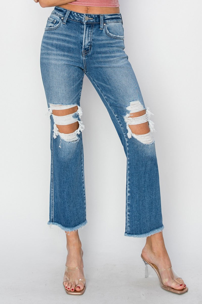 Niko Mid Rise Distressed Cropped Flare Jeans