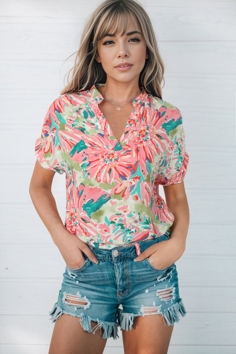 Sonya Floral Notched Neck Short Sleeve Top