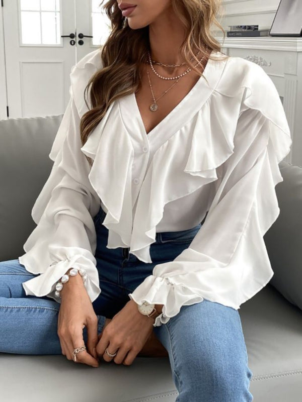Portia Full Size Ruffled V-Neck Button Down Flounce Sleeve Blouse
