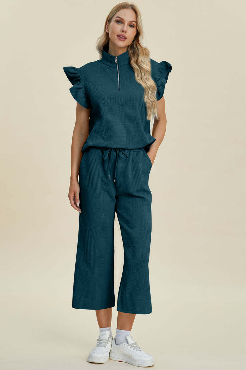 Caroline Full Size Texture Ruffle Short Sleeve Top and Wide Leg Pants Set