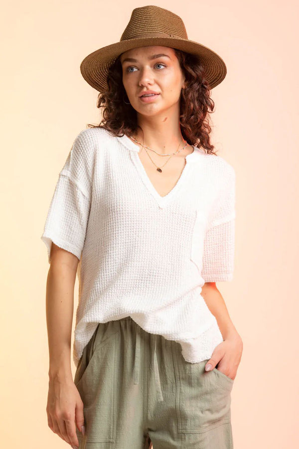 Abbie Waffle-Knit Notched Half Sleeve T-Shirt