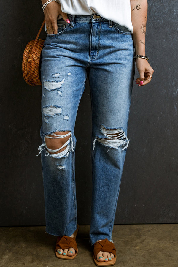 Eaton Distressed Raw Hem Jeans with Pockets