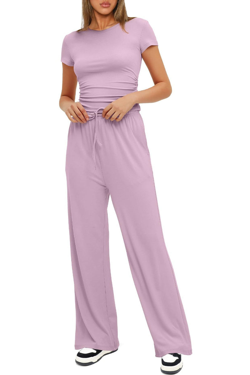 Lindy Round Neck Short Sleeve Top and Pants Set