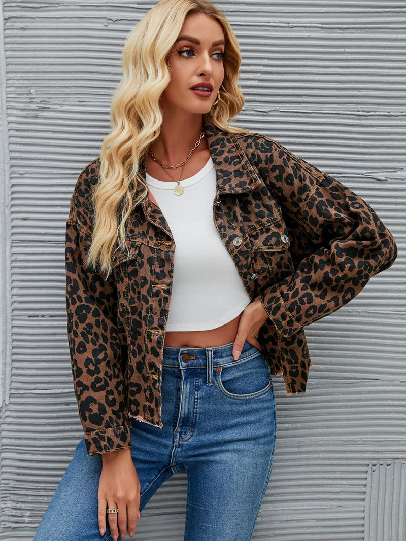 Marisol Leopard Button Up Dropped Shoulder Denim Jacket