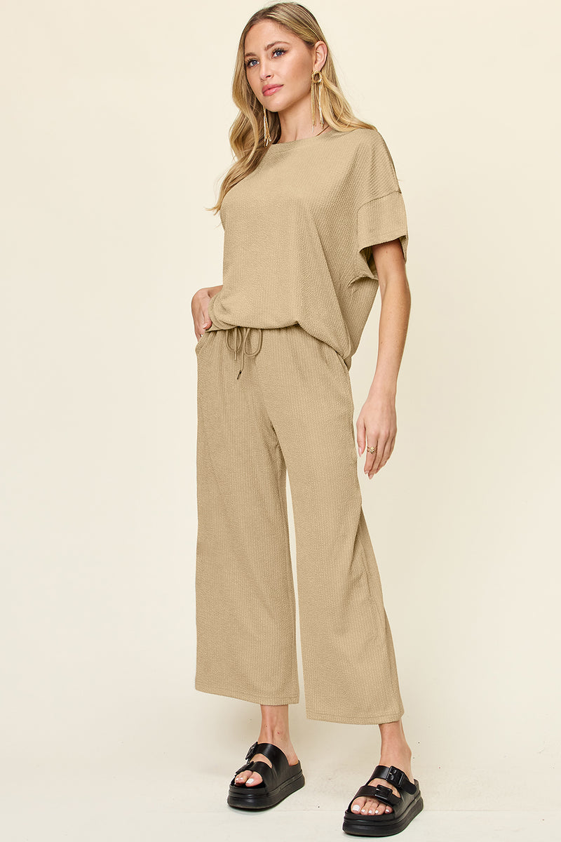 Abel Full Size Texture Round Neck Short Sleeve T-Shirt and Wide Leg Pants