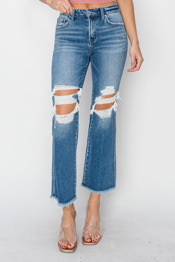Niko Mid Rise Distressed Cropped Flare Jeans