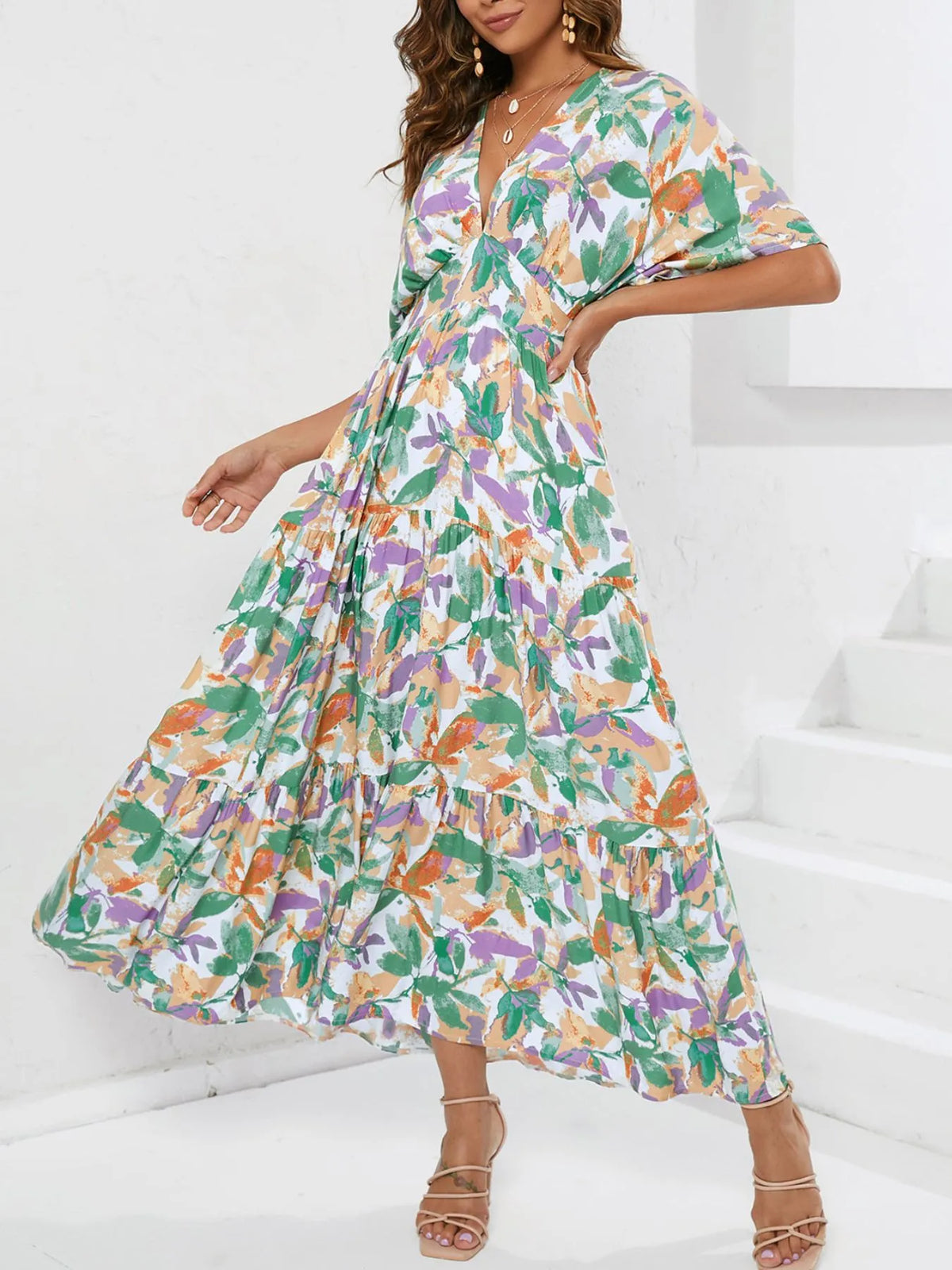 Atlas Floral Print V-Neck Boho Midi Dress Atlas Floral Print V-Neck Boho Midi Dress