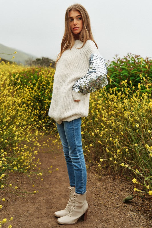 Whit Sequin Sleeve Sweater Knit Tunic Top