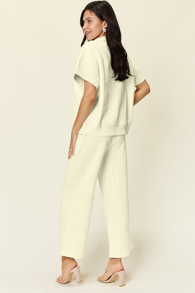 Tanner Double Take Full Size Texture Half Zip Short Sleeve Top and Pants Set