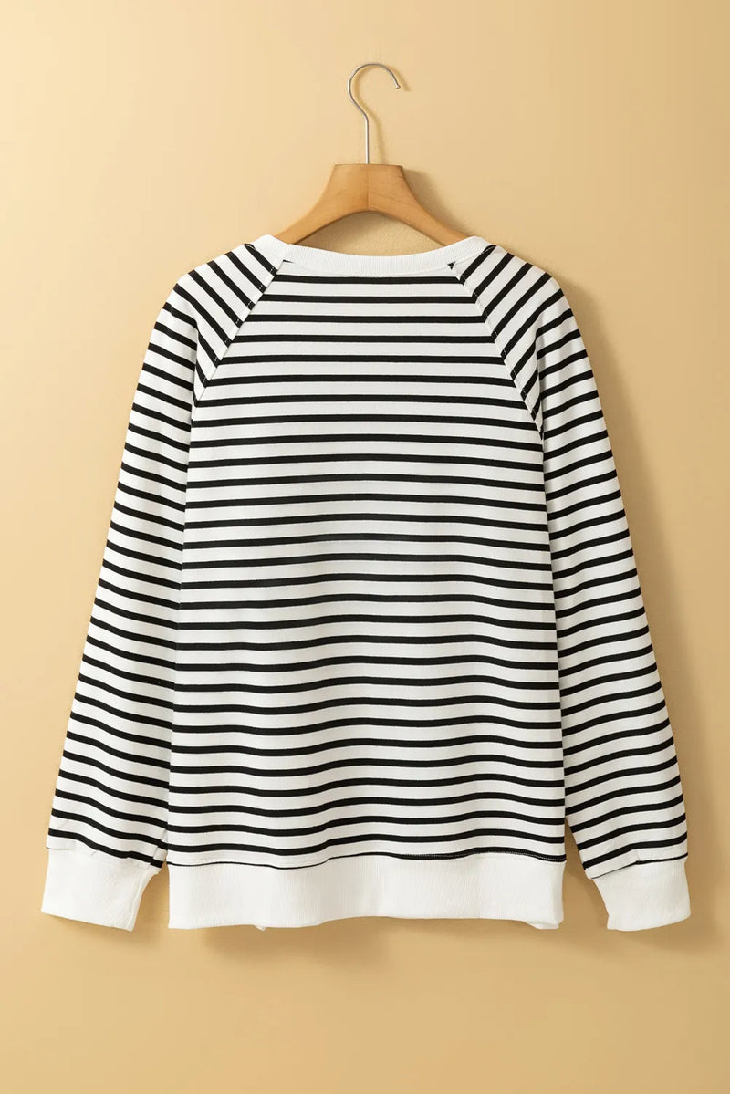 Tiyah Slit Striped Round Neck Long Sleeve Sweatshirt