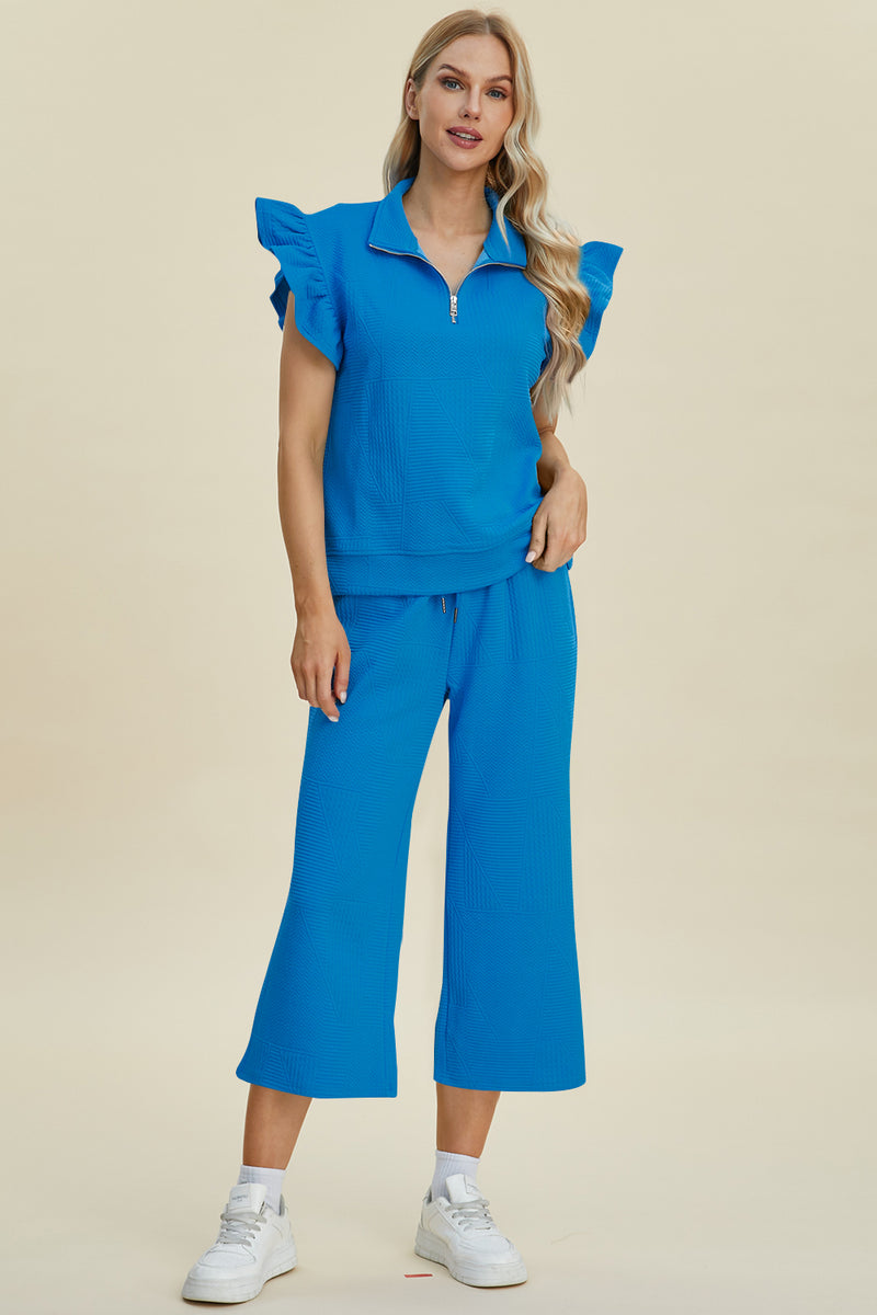 Caroline Full Size Texture Ruffle Short Sleeve Top and Wide Leg Pants Set