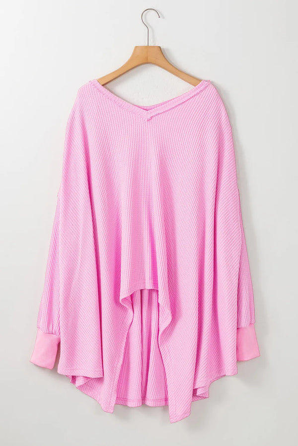 Carter Waffle-Knit V-Neck Long Sleeve Blouse