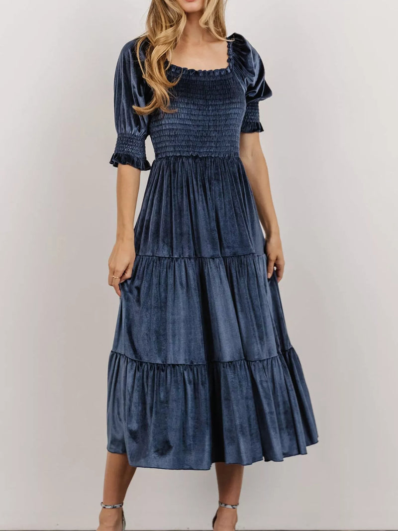 smocked velvet midi dress Blue Embroidered Velvet Smocked Waist Midi Dress PinkBlush