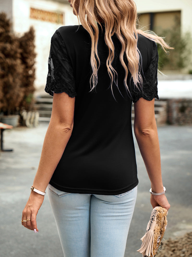 Emely Lace Detail Round Neck Short Sleeve T-Shirt