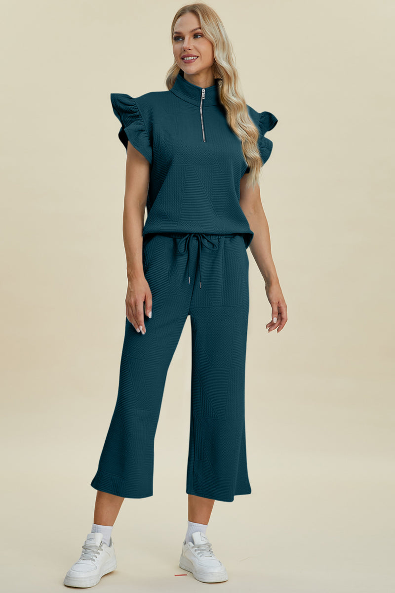 Caroline Full Size Texture Ruffle Short Sleeve Top and Wide Leg Pants Set