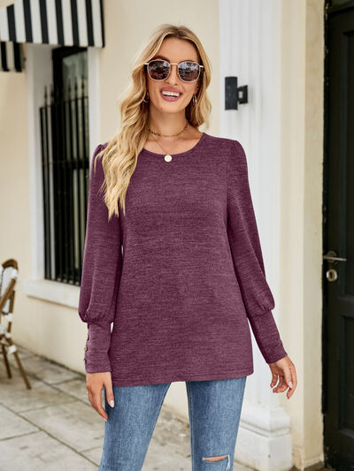 Avie Decorative Button Lantern Sleeve T-Shirt - Deal of the Day!