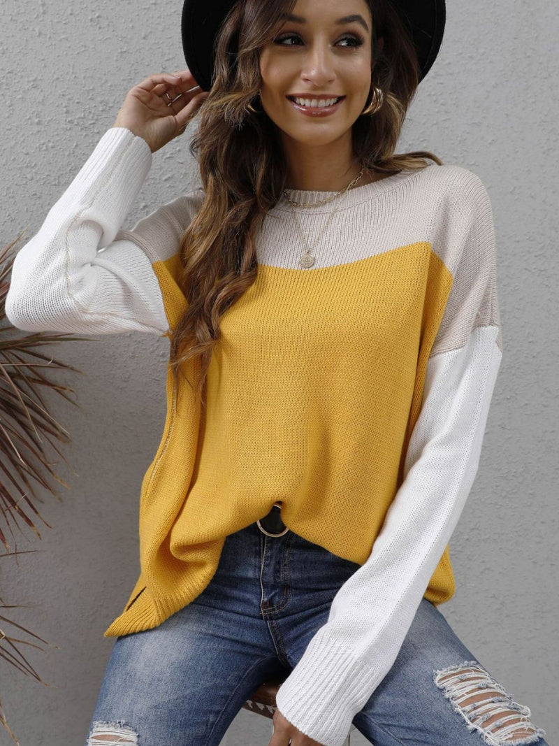 Kristian Color Block Round Neck Dropped Shoulder Sweater