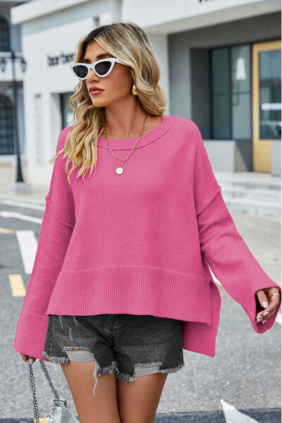 Liam High-Low Slit Round Neck Long Sleeve Sweater