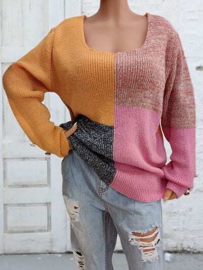 Meagen Color Block Decorative Button Long Sleeve Sweater